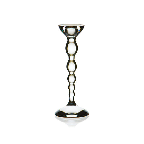 A clear lead-free crystal candle holder with a geometric pattern of circles, featuring a narrow top and a broader base, made by Collevilca.