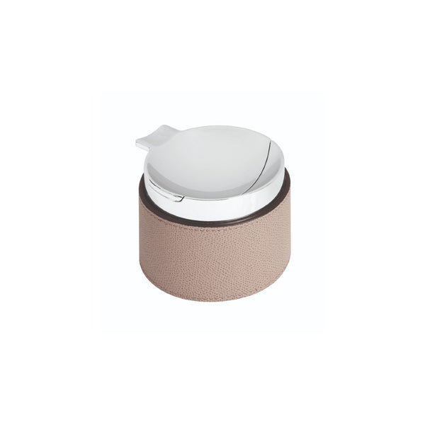 A stone-colored, round ashtray with a leather band and a white lid, placed on a white background.