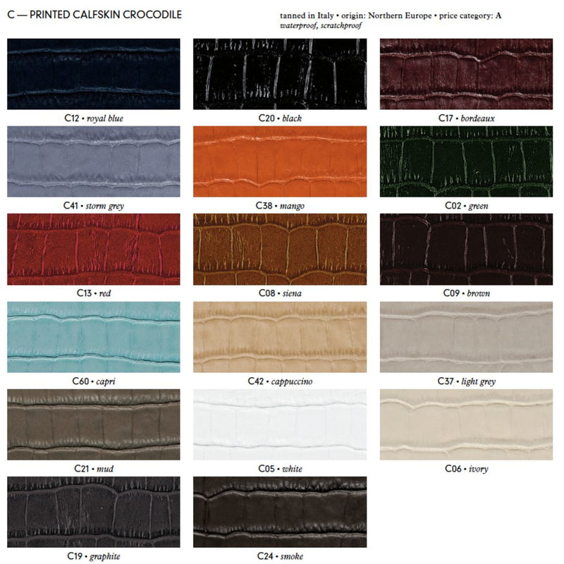 Color swatches of printed calfskin crocodile leather in various colors.