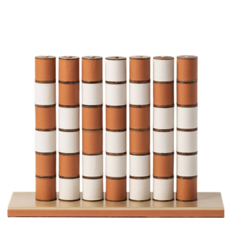Luxury Connect Four game set in mango and white grained leather with satin brass bars by Pinetti