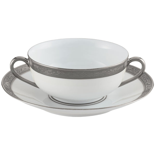 Raynaud Ambassador Platine cream soup cup 32cl in Limoges porcelain with platinum inlay rim, saucer and lid sold separately