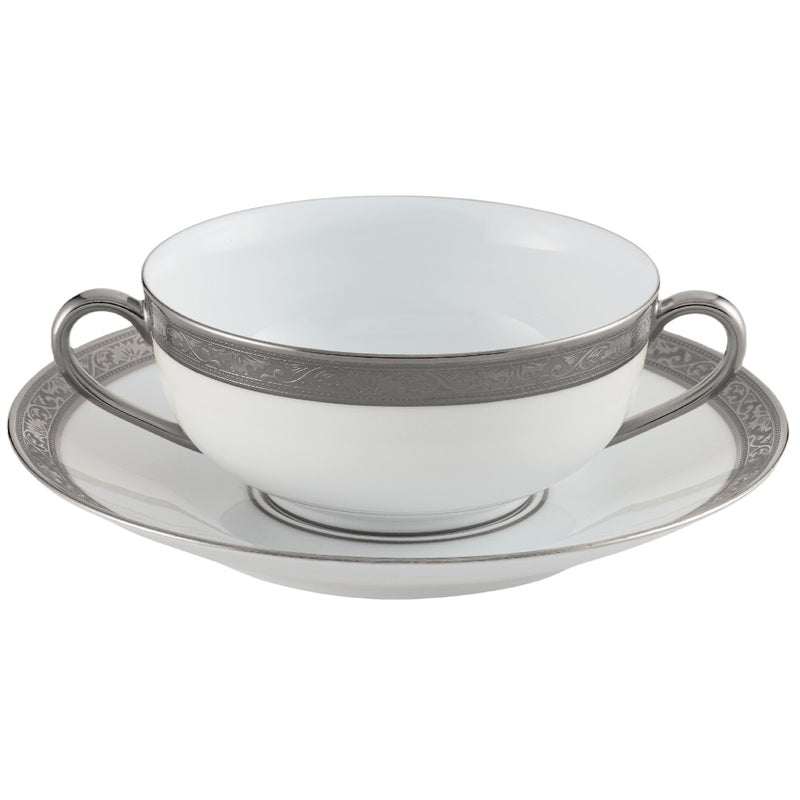 Raynaud Ambassador Platine cream soup cup 32cl in Limoges porcelain with platinum inlay rim, saucer and lid sold separately