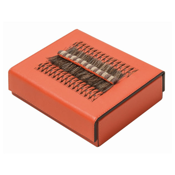 Crosera Playing Card Holder in mango orange nappa leather with woven horsehair by Giobagnara.