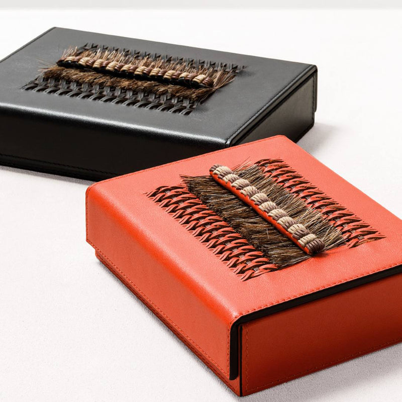 Two leather cases with playing cards with brush heads on a white background