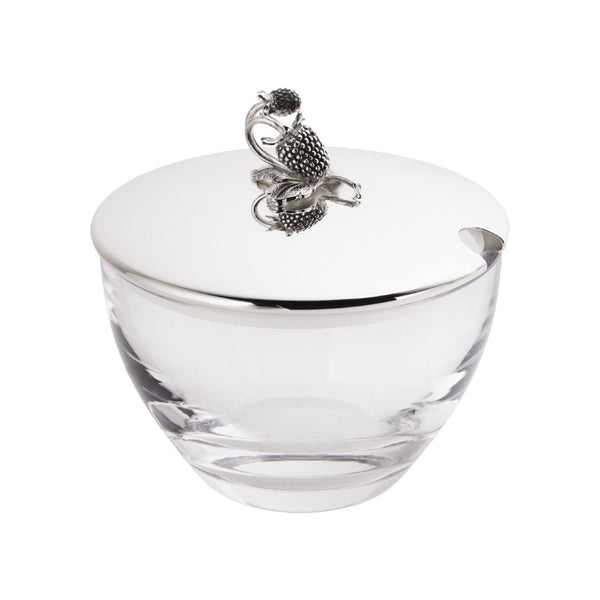 Crystal jam jar with silver-plated lid featuring raspberry detail by Sonja Quandt