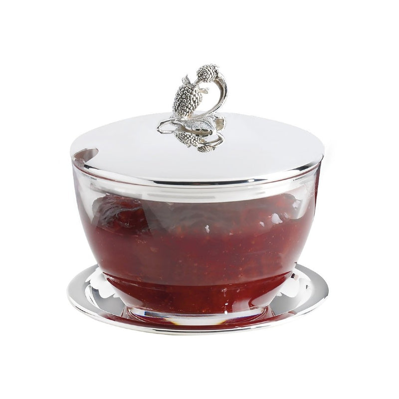 Styled Crystal jam jar with silver-plated lid featuring raspberry detail by Sonja Quandt