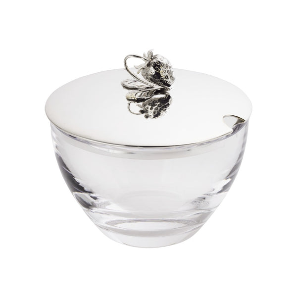 Crystal jam jar with silver-plated lid featuring strawberry detail by Sonja Quandt