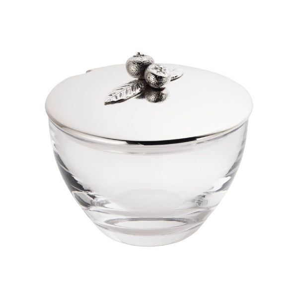 Clear glass container with silver lid featuring two oranges design on a white background