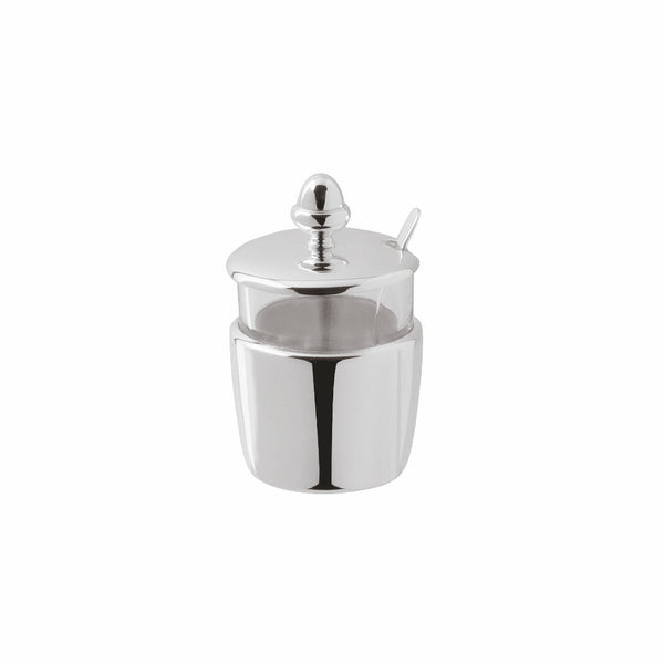 A silver-plated crystal mustard pot with a lid and spoon, featuring a sleek and elegant design.