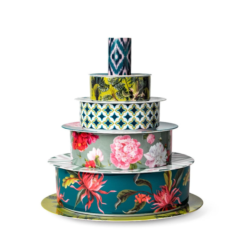 Stack of colorful Paraiso  cylindrical porcelain bowls with tropical motifs in vibrant colors by Sieger by Fürstenberg 