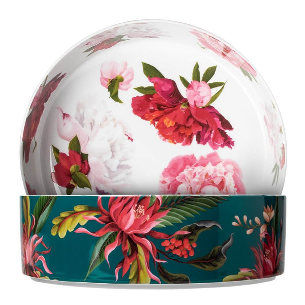 Round Paraiso extra large cylindrical porcelain bowl with tropical motifs in vibrant colors by Sieger by Fürstenberg with floral design on a white background