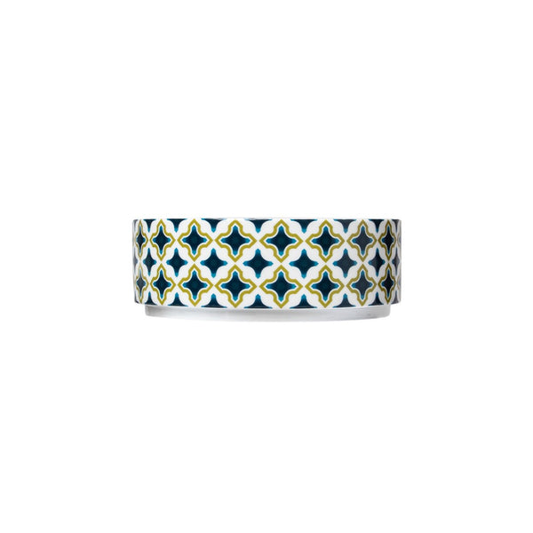 Paraiso medium cylindrical porcelain bowl with geometric motifs in blue, green, and gold by Sieger by Fürstenberg