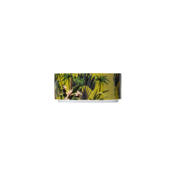 Paraiso small cylindrical porcelain bowl with tropical motifs in green, pink, and yellow by Sieger by Fürstenberg