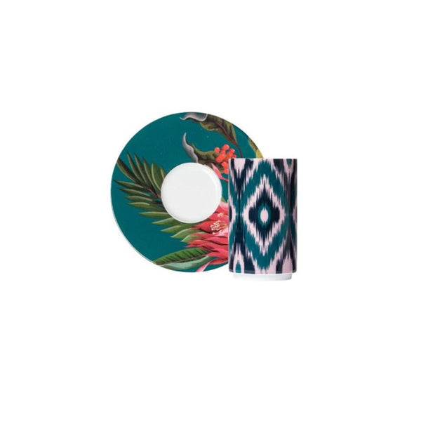 Paraiso cylindrical porcelain espresso cup with geometric motifs and saucer with tropical design by Sieger by Fürstenberg