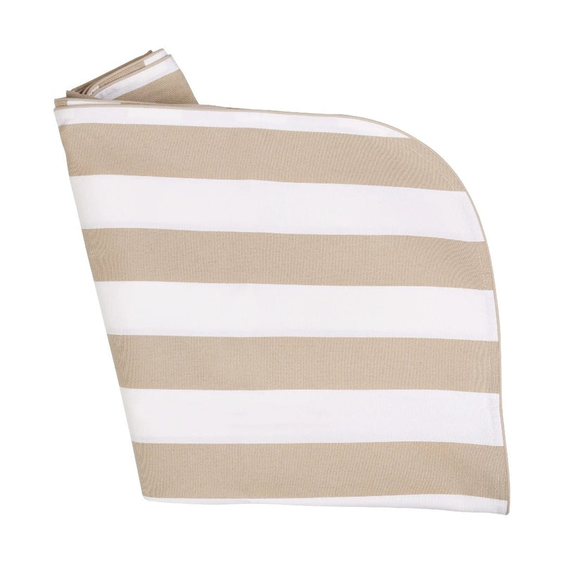 Folded beige and white striped fabric on a white background