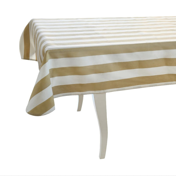 Striped tablecloth with gold and white stripes on a white background