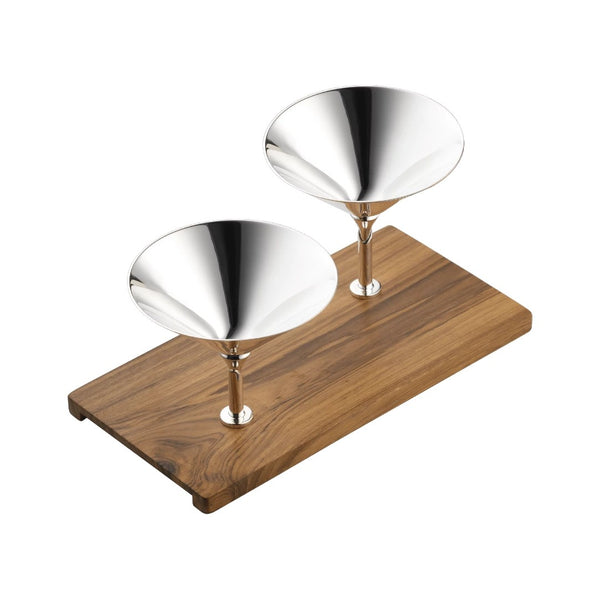 Dante silver-plated snackbar with two polished bowls on a teak base by Robbe & Berking