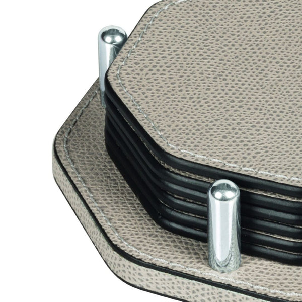 Close-up David octagonal leather coaster holder with 6 Tao octagonal coasters by Giobagnara
