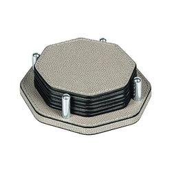 David octagonal leather coaster holder with 6 Tao octagonal coasters by Giobagnara, luxury Italian set