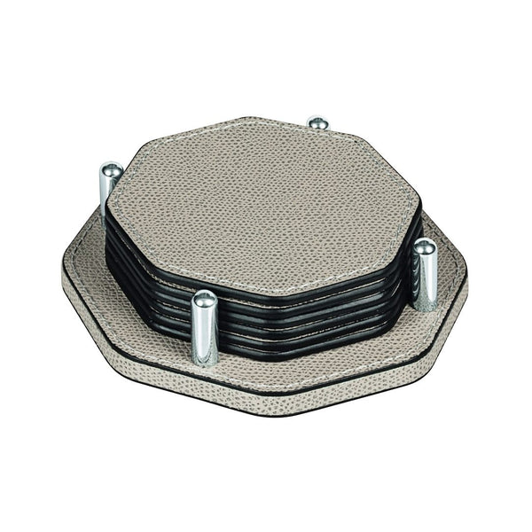 David octagonal leather coaster holder with 6 Tao octagonal coasters by Giobagnara, luxury Italian set