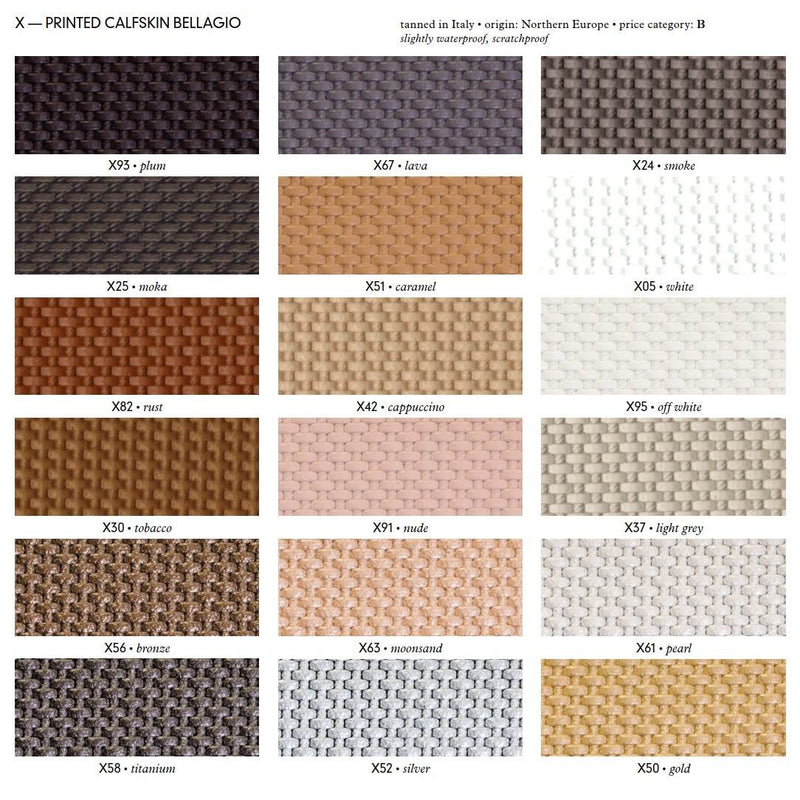 Color swatch chart for printed calfskin bellagio with various color names and codes.