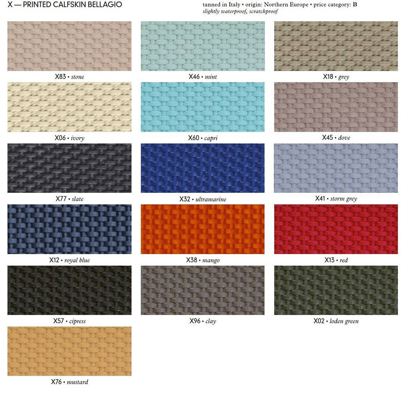 Color swatch chart for printed calfskin leather Bellagio with various color names and codes.