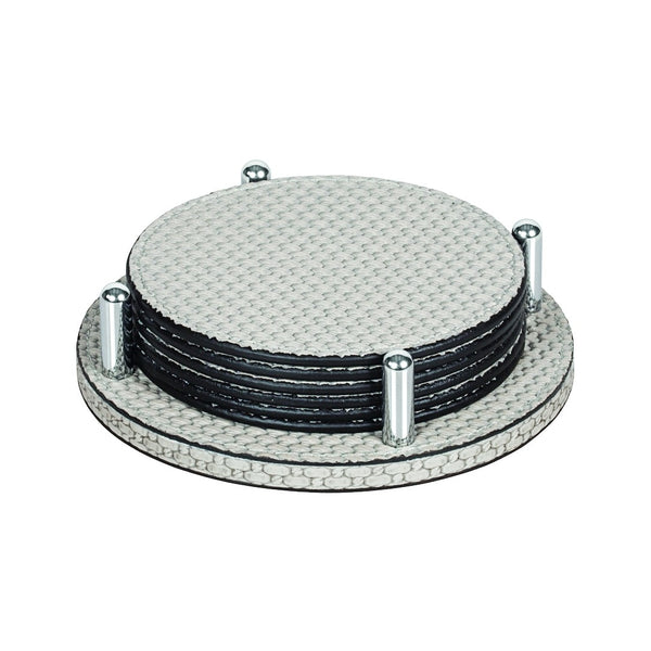 David round Bellagio leather coaster set of 6 with holder by Giobagnara, handmade Italian tabletop accessory

