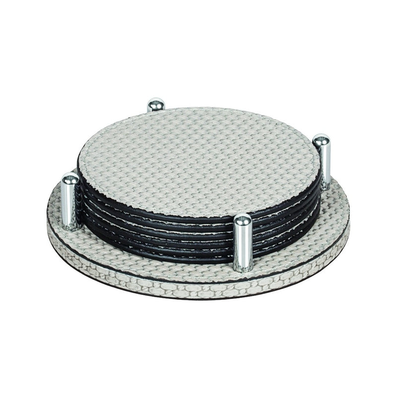 David round Bellagio leather coaster set of 6 with holder by Giobagnara, handmade Italian tabletop accessory

