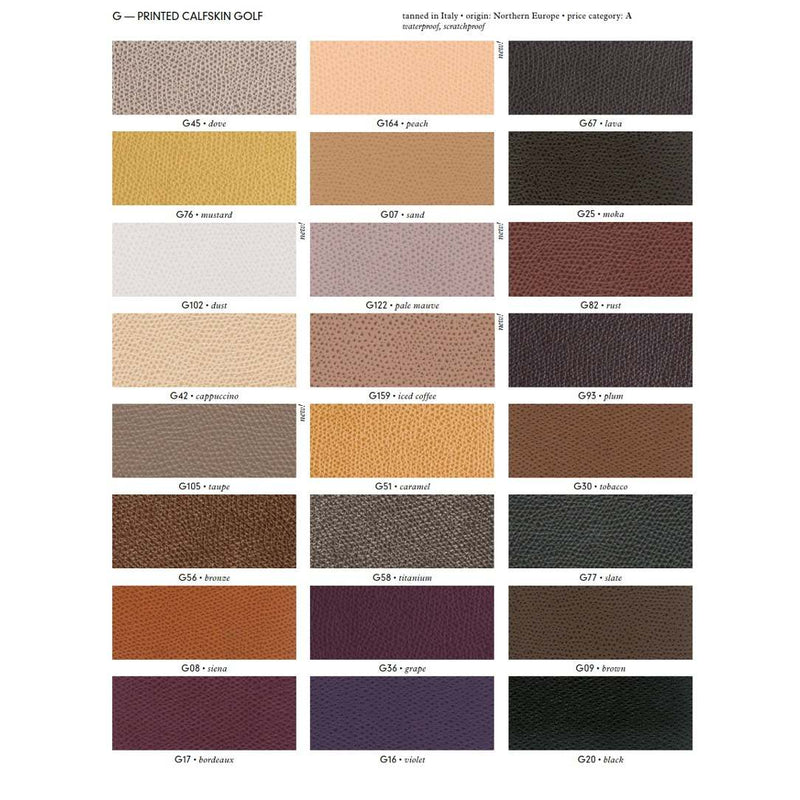 Color swatch chart for printed calfskin golf with various brown shades.