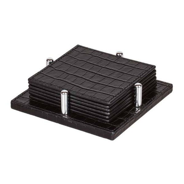 David square leather coaster holder with 6 Tao square coasters crocodile print by Giobagnara