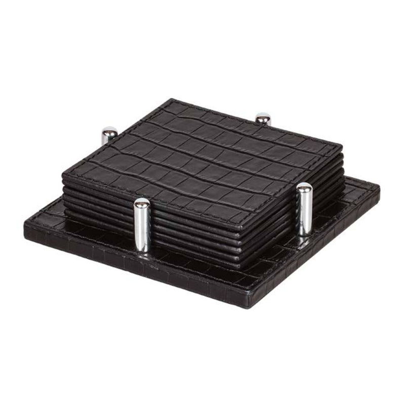 David square leather coaster holder with 6 Tao square coasters crocodile print by Giobagnara