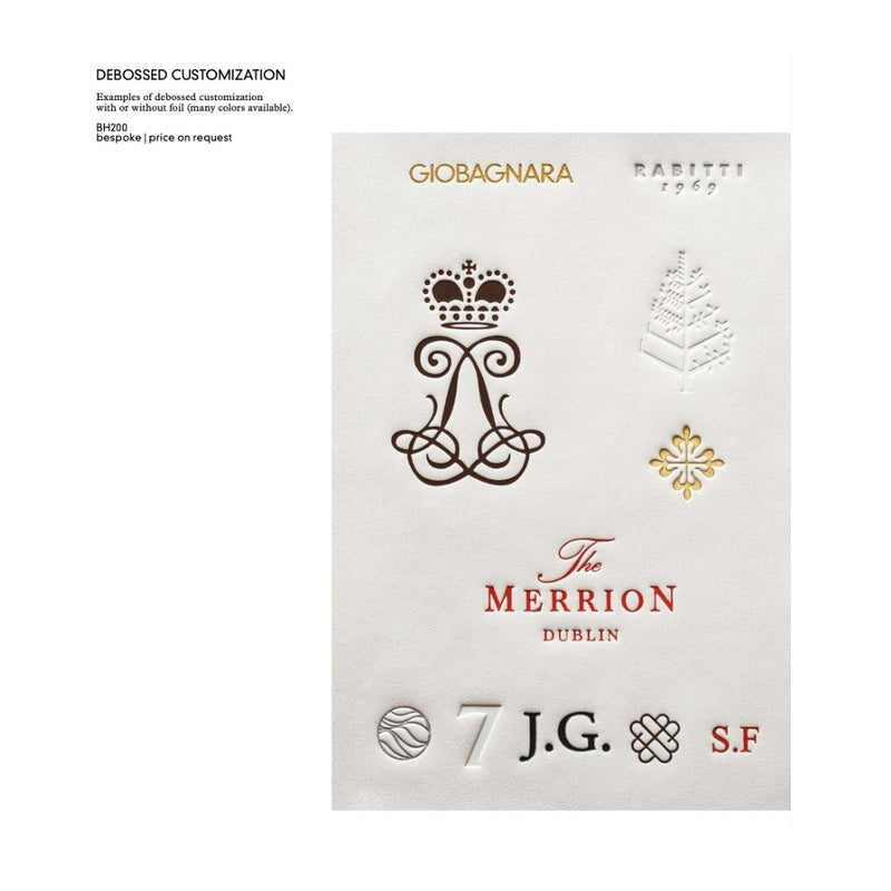 Collection of embossed logos and designs on a white background, including 'GioBagnara', 'The Merrion Dublin', and 'J.G.'