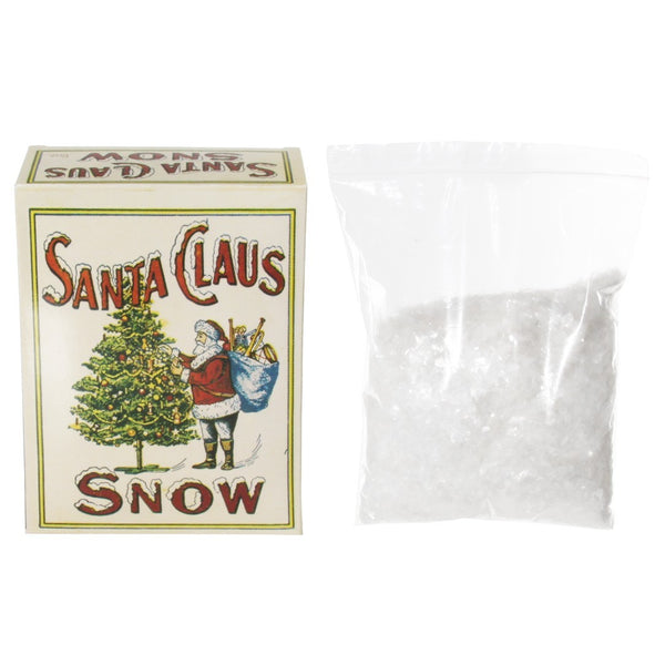 Box of Santa Claus snow with a clear bag of white crystals on a white background