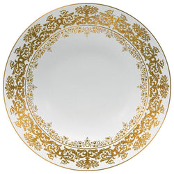Chelsea Gold Fond Blanc 30cm deep chop plate by Raynaud, Limoges porcelain with gold Victorian floral motifs on white, inspired by Gothic tapestries.

