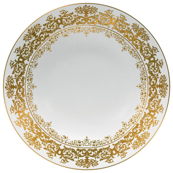 Chelsea Gold Fond Blanc 30cm deep chop plate by Raynaud, Limoges porcelain with gold Victorian floral motifs on white, inspired by Gothic tapestries.

