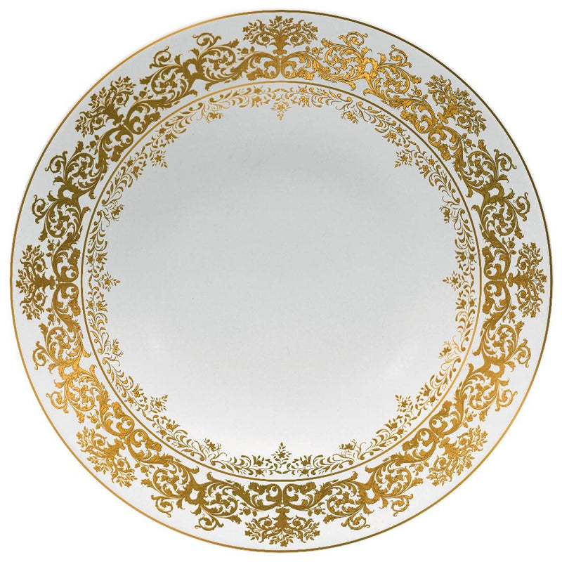 Chelsea Gold Fond Blanc 30cm deep chop plate by Raynaud, Limoges porcelain with gold Victorian floral motifs on white, inspired by Gothic tapestries.

