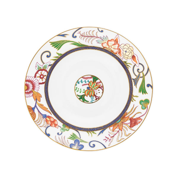 Imari porcelain deep chop plate with cobalt inner border, multicolor floral rim, and gold edge by Raynaud