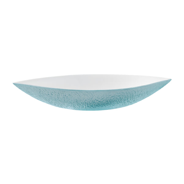 A white and blue porcelain serving bowl with an oval shape and a minimalistic design, part of the Minéral Irisé collection.