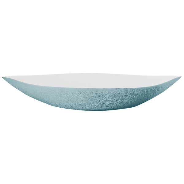 A white and blue porcelain serving bowl with a solid pattern and a nature-inspired relief design.