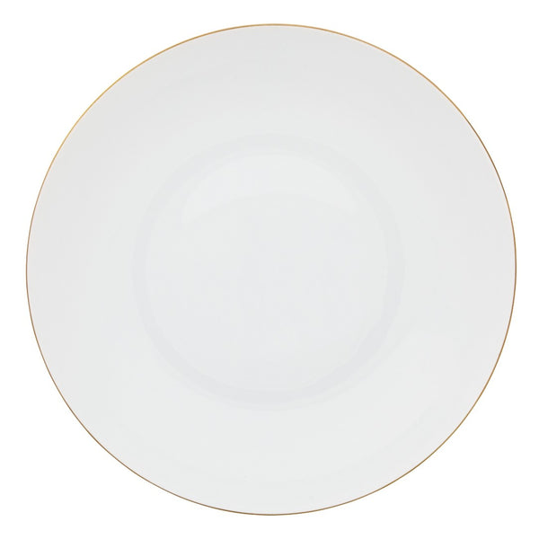 Round white plate with a thin gold rim on a white background