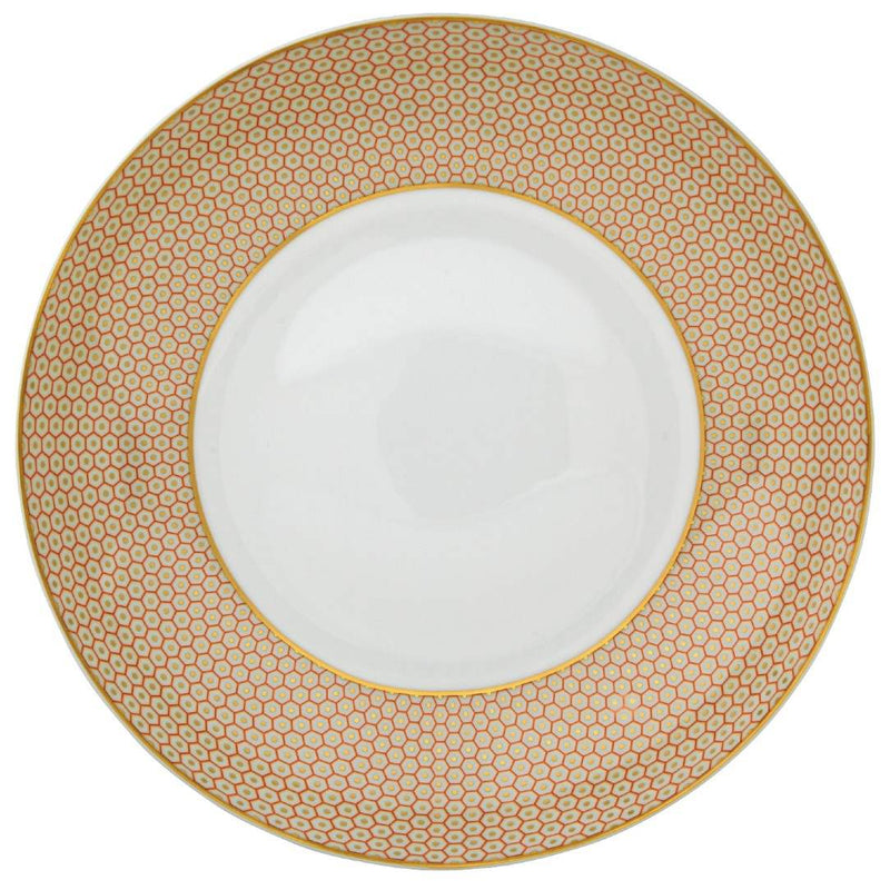 Raynaud Trésor orange porcelain deep plate 27cm with gold-accented honeycomb design
