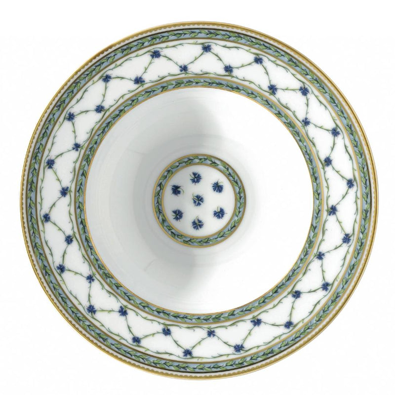 Allée du Roy 21cm deep plate with rim by Raynaud in Limoges porcelain, decorated with trellis, laurel crowns, cornflowers, and hand-painted gold.