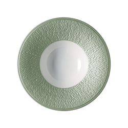 Raynaud Minéral Irisé Céladon porcelain deep plate 22cm with engraved rim and celadon green iridescent glaze