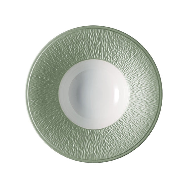 Raynaud Minéral Irisé Céladon porcelain deep plate 22cm with engraved rim and celadon green iridescent glaze
