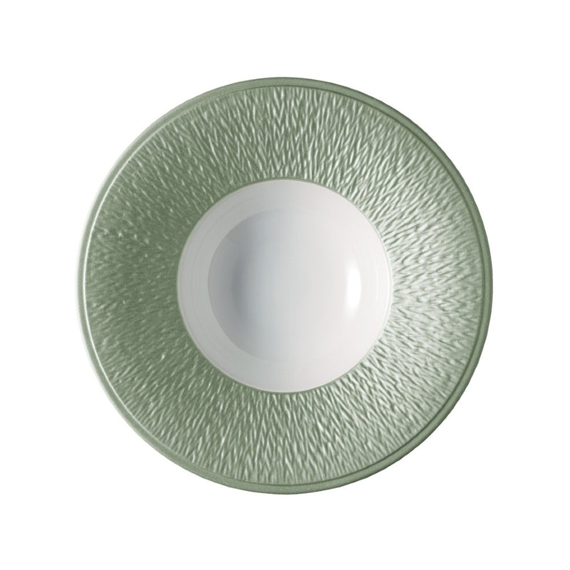 Raynaud Minéral Irisé Céladon porcelain deep plate 22cm with engraved rim and celadon green iridescent glaze