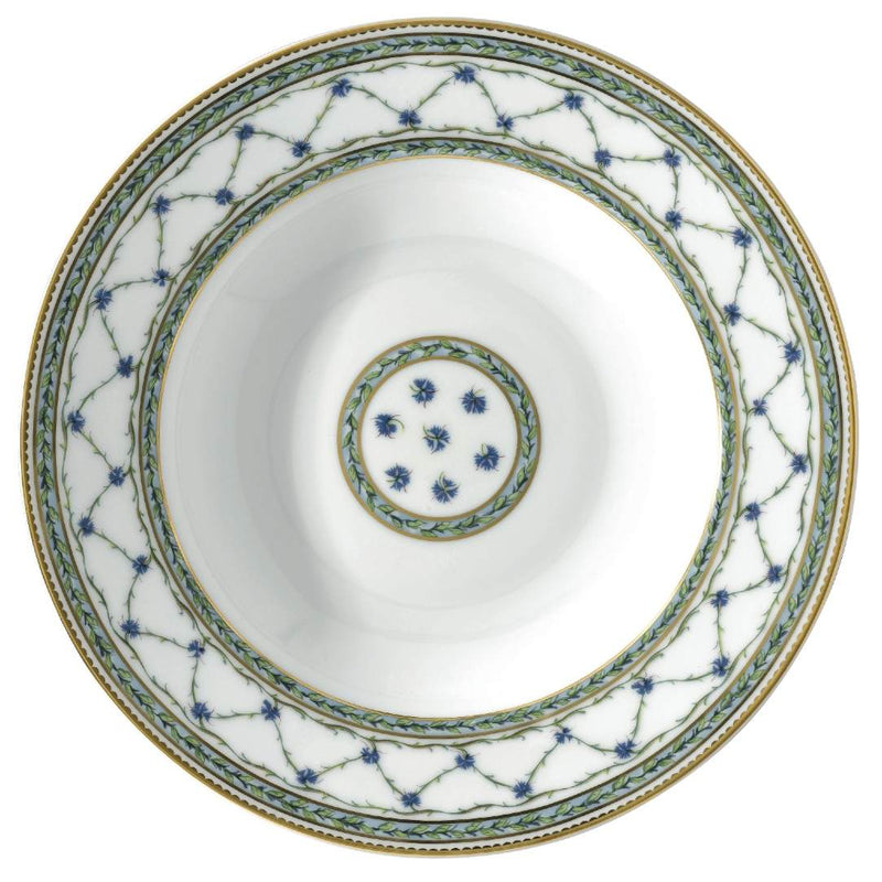 Allée du Roy 23cm deep plate with rim by Raynaud in Limoges porcelain, decorated with trellis, laurel crowns, cornflowers, and gold fillets.