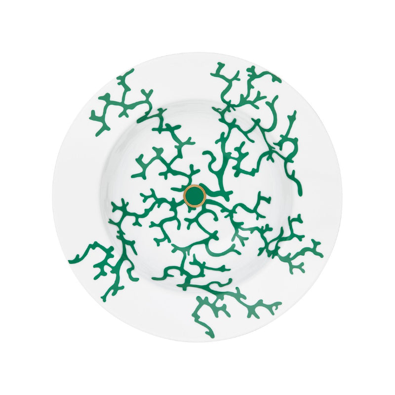 Raynaud Cristobal Emerald Deep Plate with Rim 25cm in Limoges porcelain with emerald green coral motifs.