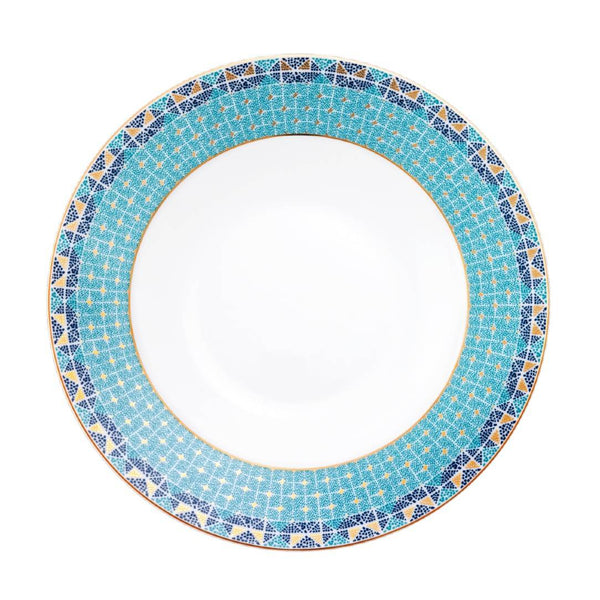 Round decorative plate with blue and gold mosaic border on a white background