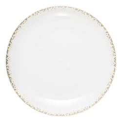 White plate with gold decorative rim on a white background