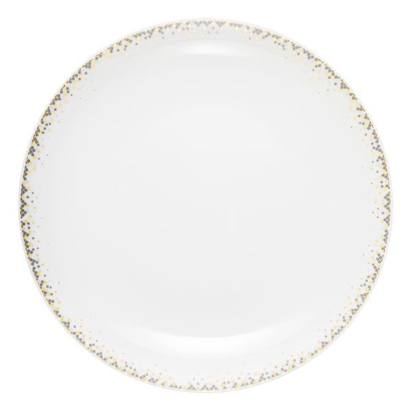 White plate with gold decorative rim on a white background
